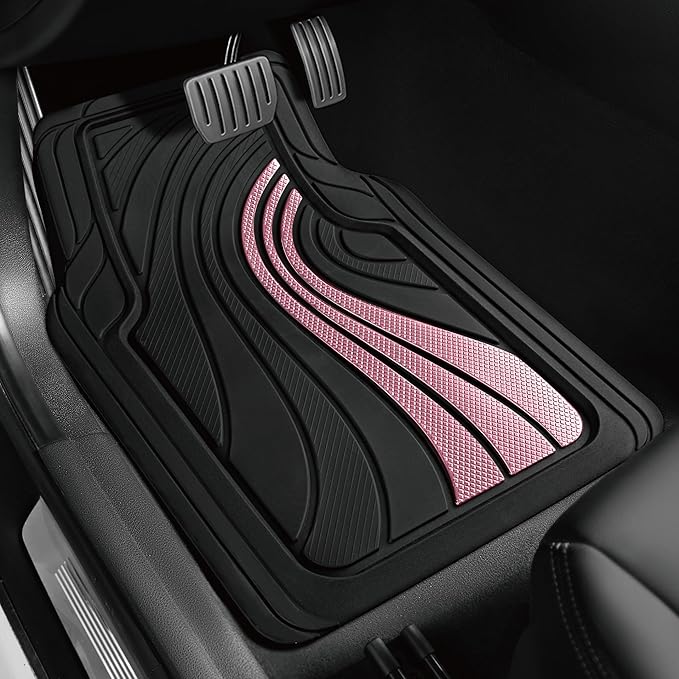 Road Comforts Car Floor Mats Full Set – Front & Rear Car Floor Mats with Aluminum Design, Anti-Slip Backing, All-Weather Protection, Trim-to-Fit Car Mats for Most Sedans, SUVs & Vans - Pink