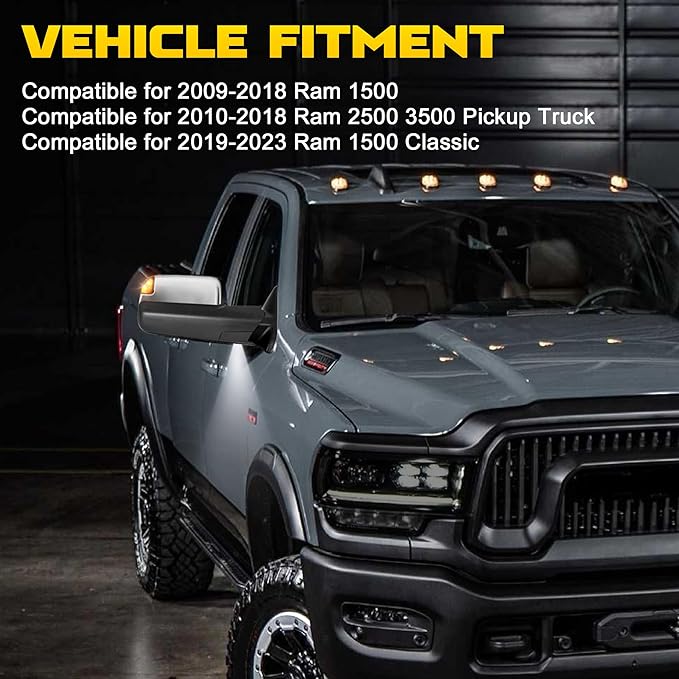 Pair Power Heated Towing Mirrors Compatible with 2009-2018 Dodge Ram 1500 2500 3500/2019-2024 Ram 1500 Classic w/Arrow Turn Signal Light,Temperature Sensor Side Mirrors (Chrome)