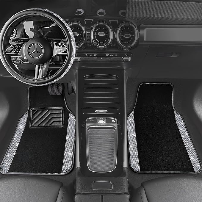 CAR PASS Bling Diamond Leather Steering Wheel Cover 14.5in-15in Floor Mats Shining Rhinestone Carpet Sparkly Glitter Crystal Anti-Slip Pad Fit Automotive SUV Pickup Truck Girl Women, 5pcs Black Sliver