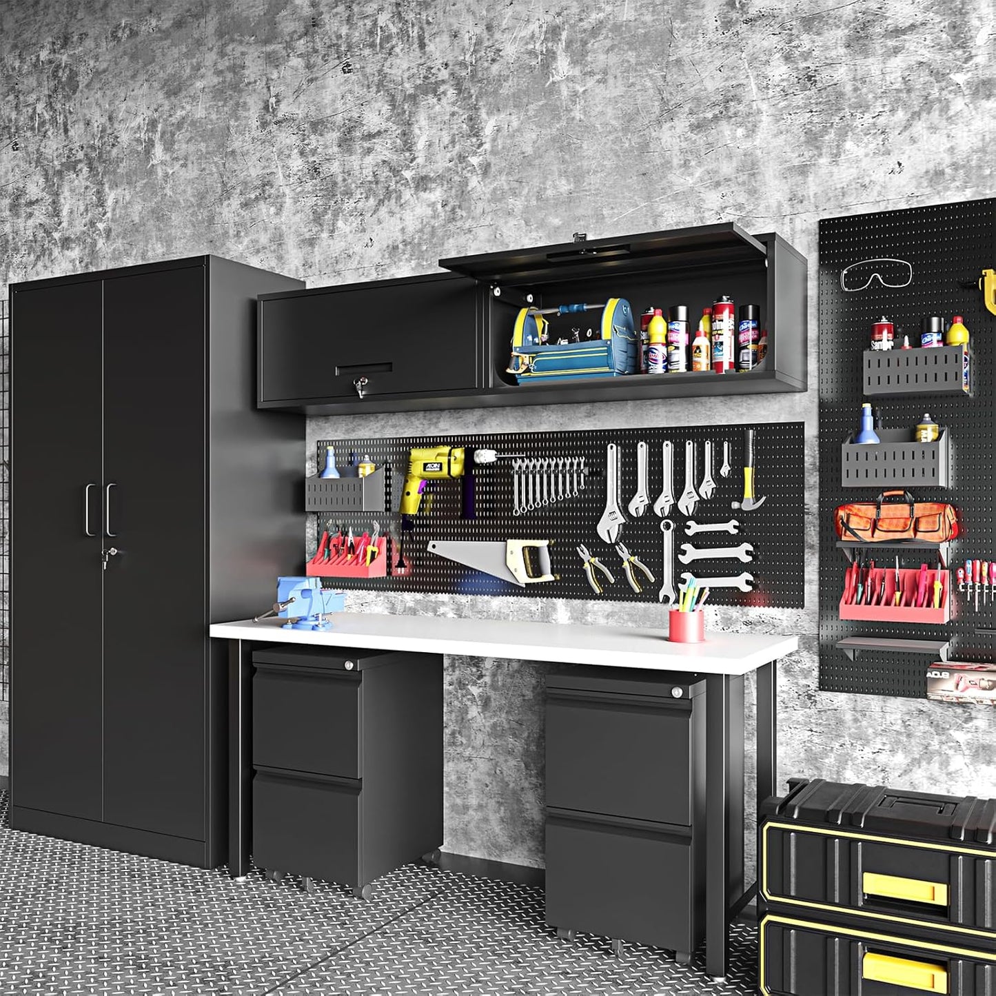 Small Wall-Mounted Locking Cabinet Metal Garage Storage Cabinet Hanging Medicine Lockable Steel Utility Floating Tool 14" H Assembly Required Black