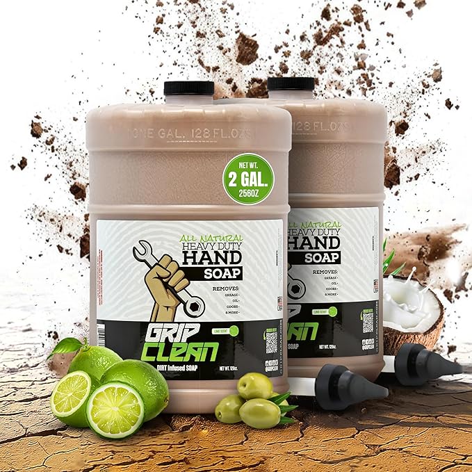 Grip Clean Heavy Duty Hand Cleaner for Mechanics β Natural Pumice & Clay-Infused Technology Removes Grease, Oil & Grime β Moisturizing Liquid Hand Soap for Shop, Garage & Industrial Use β 2 Gallons