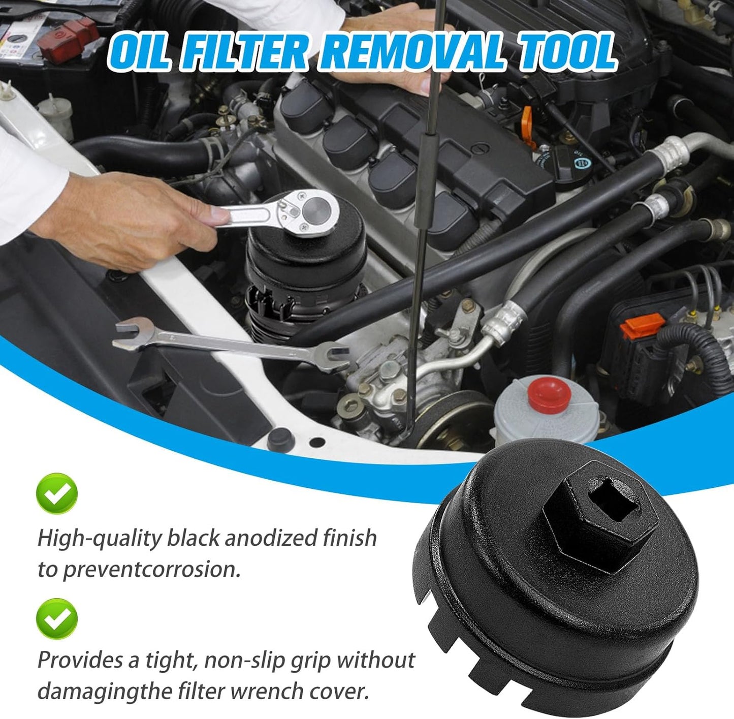 Heavy Duty Oil Filter Cap Removal Tool, 64mm 14 Flute Oil Filter Wrench, Compatible with Toyota, Lexus, Highlander (2.5L-5.7L Engines)