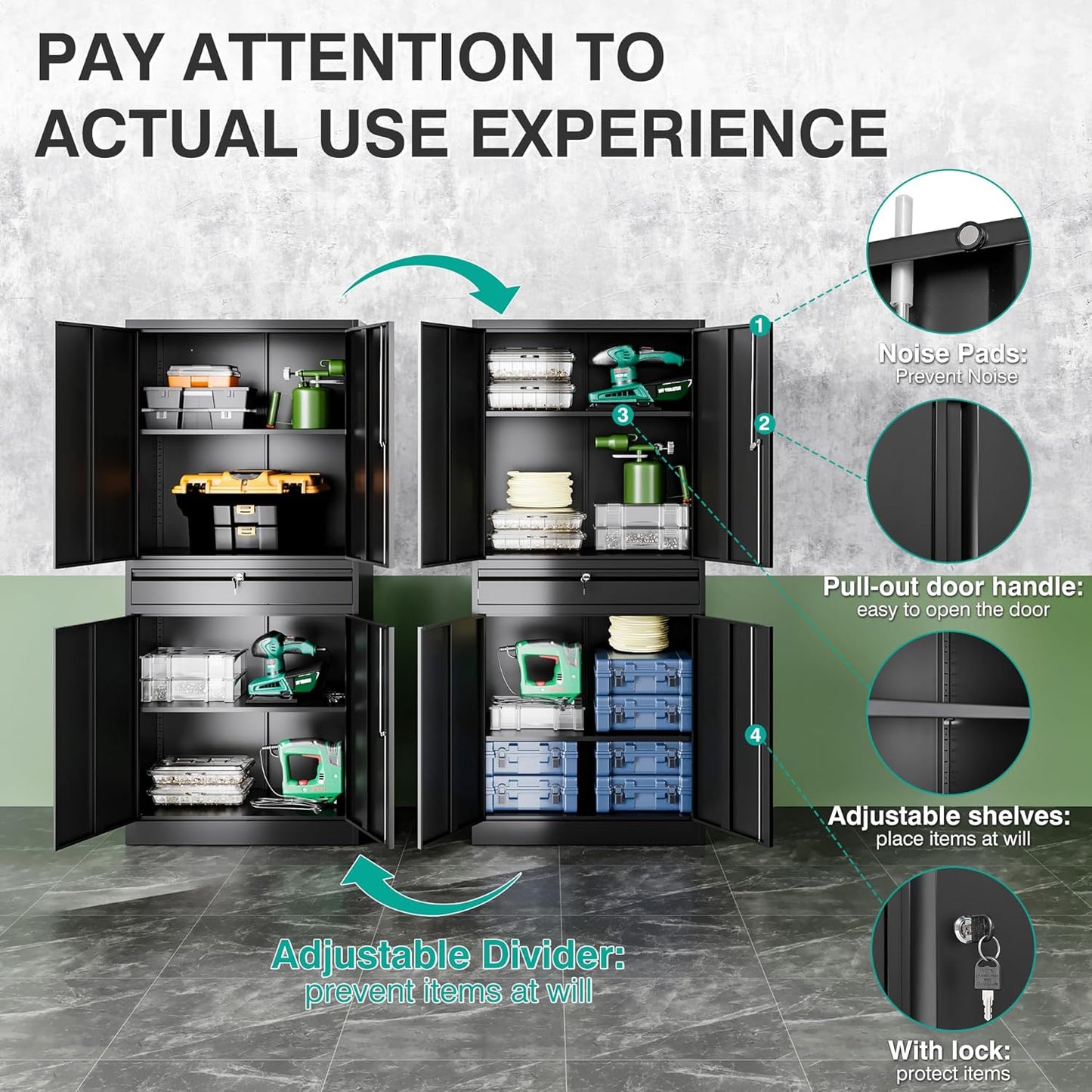 SISESOL Metal Garage Storage Cabinet with Drawer and Lock,Black Metal Storage Cabinet with Locking Doors and Adjustable Shelves,71" Tall Large Steel Tool Cabinets for Home,Office,Garage,Shop