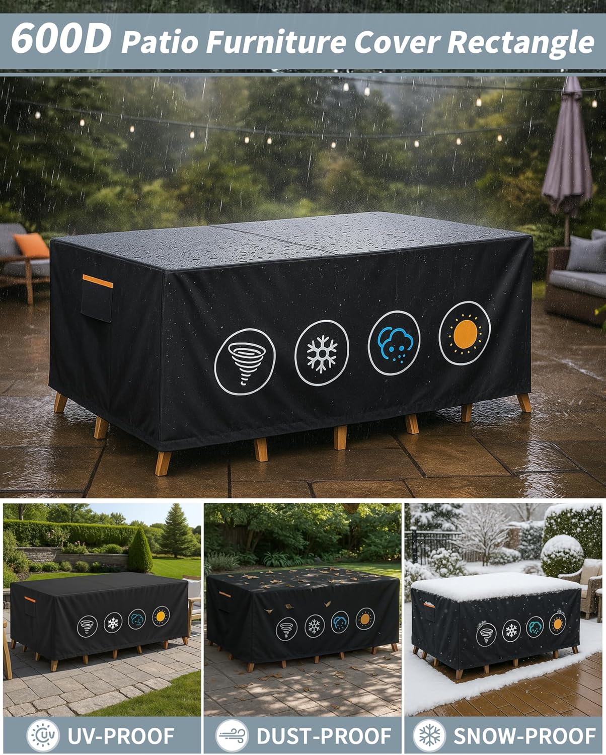 Outdoor Waterproof Furniture Cover, 76W x 54L x 28H inches Heavy Duty 600D Rectangular Table and Chair Set Protection, Black