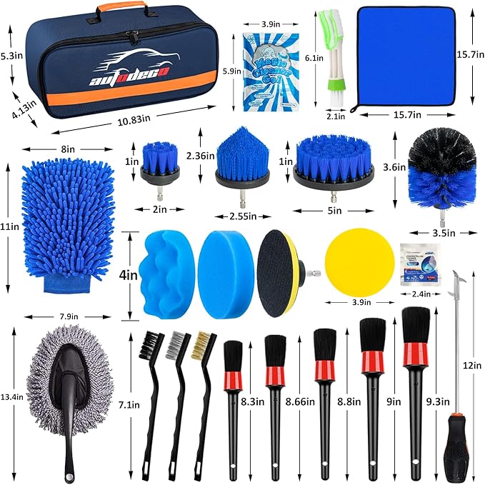 AUTODECO 30Pcs Car Detailing Brush Set, Car Detailing Kit, Auto Detailing Drill Brush Set, Car Detailing Brushes, Car Wash Cleaning Tools Kit for Interior, Exterior, Wheels, Blue