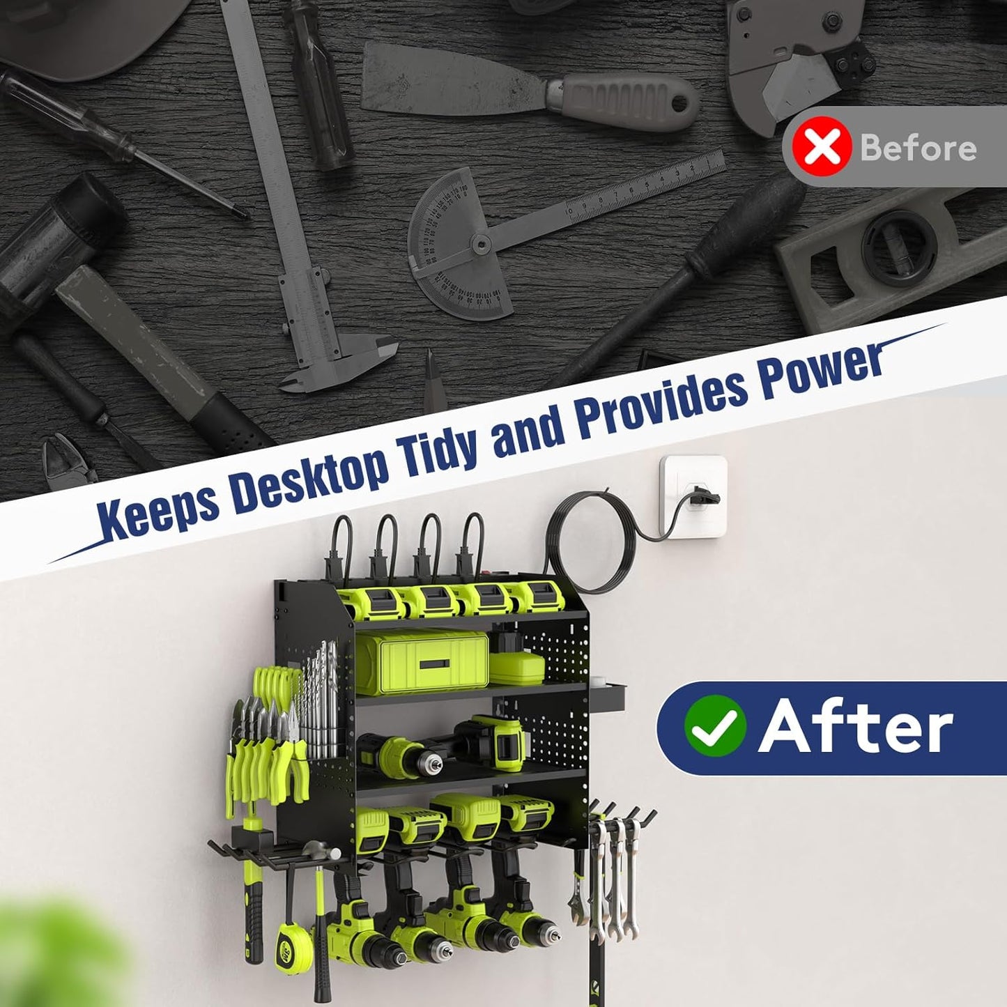 Heavy Duty Power Tool Organizer Wall Mount with Charging Station, 4 Layer Garage Storage Adjustable Shelves Height, Holds 4 Drills, 2 Hooks, Screw & Screwdriver box, Gifts for Fathers Day, Anniversary