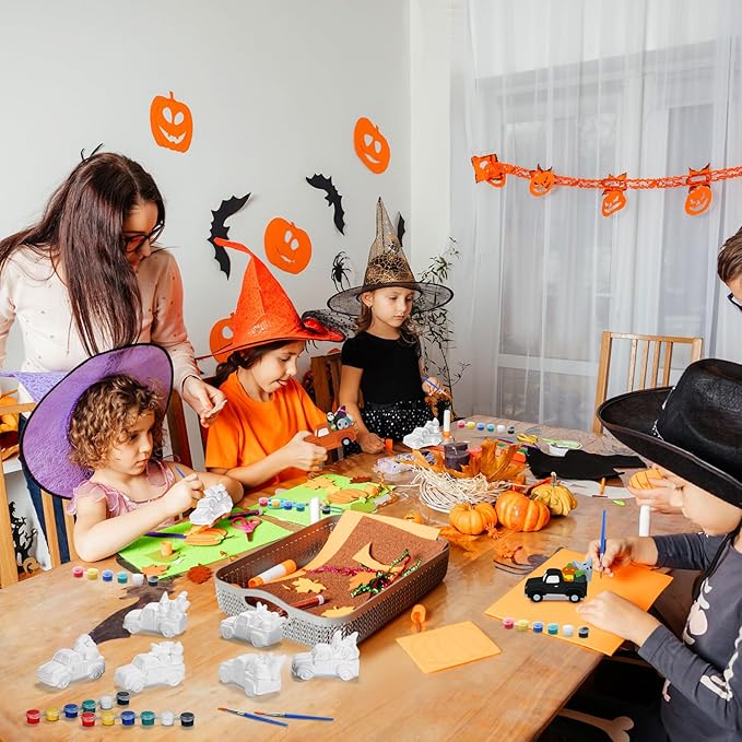 JellyArch 6 Set Halloween DIY Ceramics to Painting Kits 3D Ceramic Truck to Paint Your Own Truck with Pumpkins Ghost Cross Statues Unpainted Plaster Crafts with Brush Paint Bag for Adult