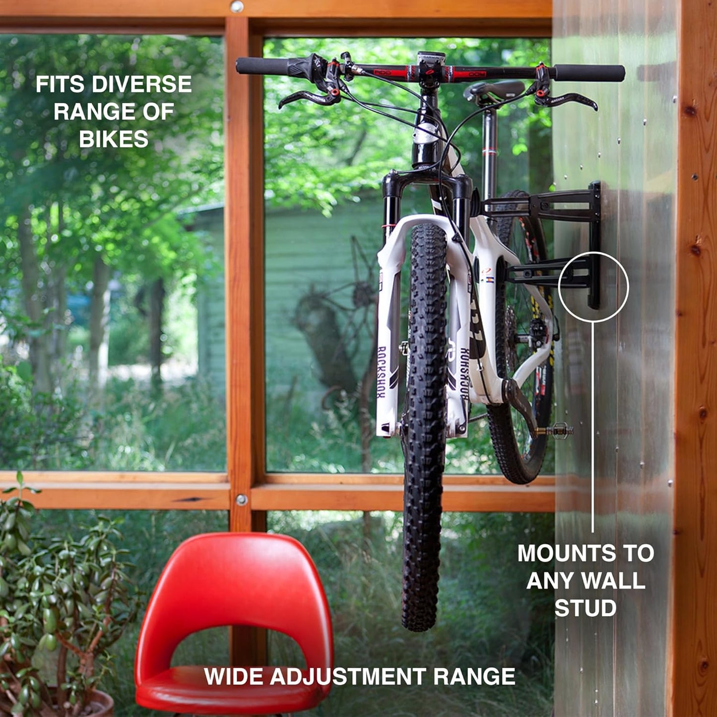 FEEDBACK SPORTS | Velo Wall Rack 2D Bike Storage | Bicycle Hangar Mount W/Adjustable Arms | Road, Gravel, Mountain Bike Compatible | For Garage, Apartment, Shed | Black