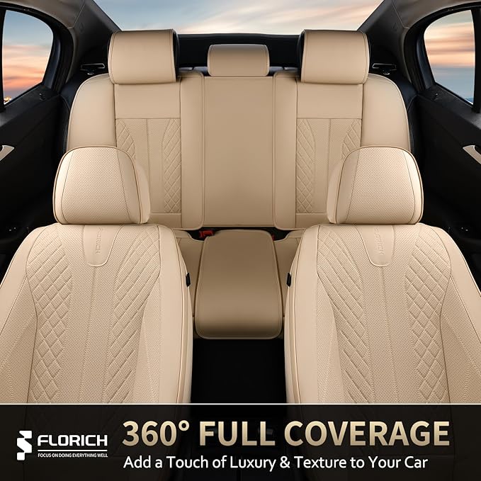 FLORICH Leather Seat Covers, Car Seat Cover Full Set Automotive Seat Covers Waterproof Car Seat Protectors 5 Seats Universal Seat Cover Fit for Most Cars SUV Trucks, Beige