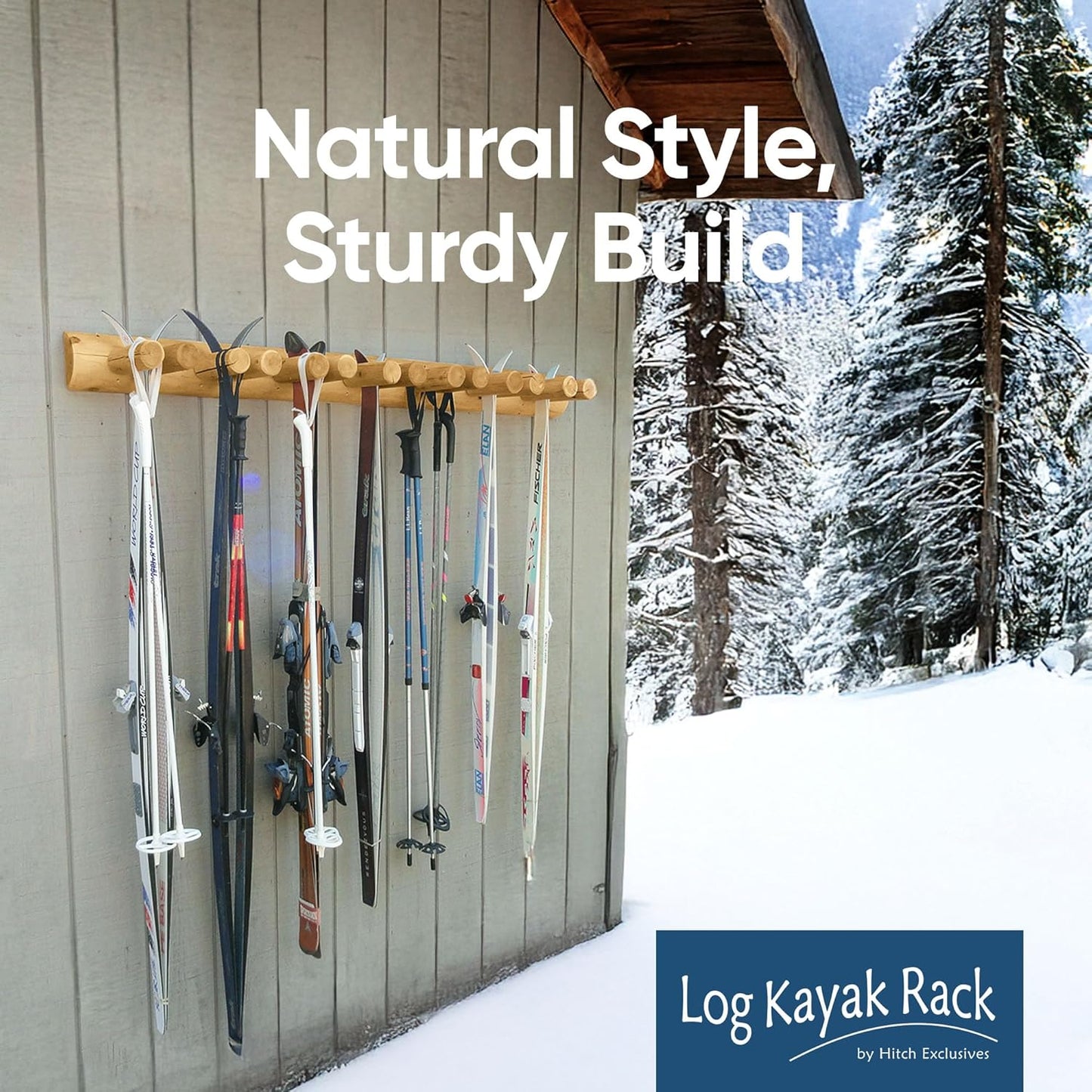 14-Place Log Ski Rack Wall Mount, Indoor Ski Storage Rack for Garage Organizers, Wooden Skis Wall Mount Storage Racks, Pole Skis Sports Racks, Garage Organization Walls - Natural