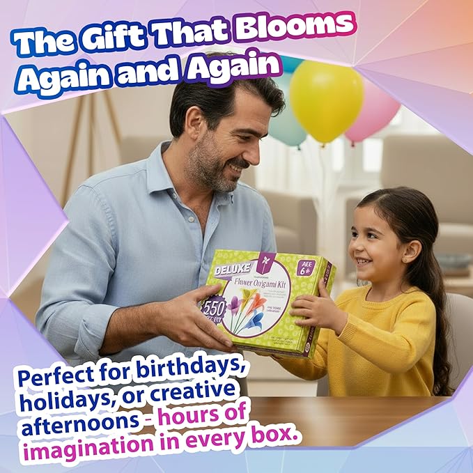 Pinwheel Crafts Flower Origami Kit for Kids Ages 8-12 | 550 Pcs Origami Paper Kit w/Multicolor Folding Papers, Chenille Stems,Buttons and Jewels, Arts and Crafts Paper Book for Kids Ages 6+