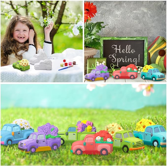 JellyArch 6 Set Spring DIY Painting Kit Ceramic 3D Ceramic Truck with Flowers to Paint Your Own Truck with Daisy Sunflower Tulip Statues Unpainted Plaster Craft with Brush Paint Bag for Adult
