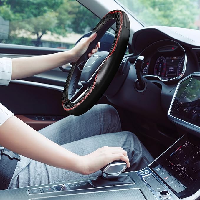 Car Steering Wheel Cover,Anti-Slip, Safety, Soft, Sports Style, Leather Steering Wheel Cover for Men Women, Adaptable to 14.5-15 inches Steering Wheel (Black with Red line)