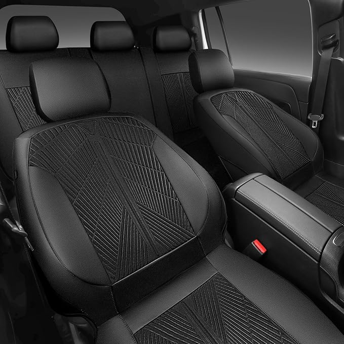 CAR PASS Leather Oxford Car Seat Covers Full Set, All-Weather Non-Slip Durable, Universal Fit for SUVs Sedans Trucks Vans Automotive, Armrest Airbag Compatible, 3D Emboss 5 Black