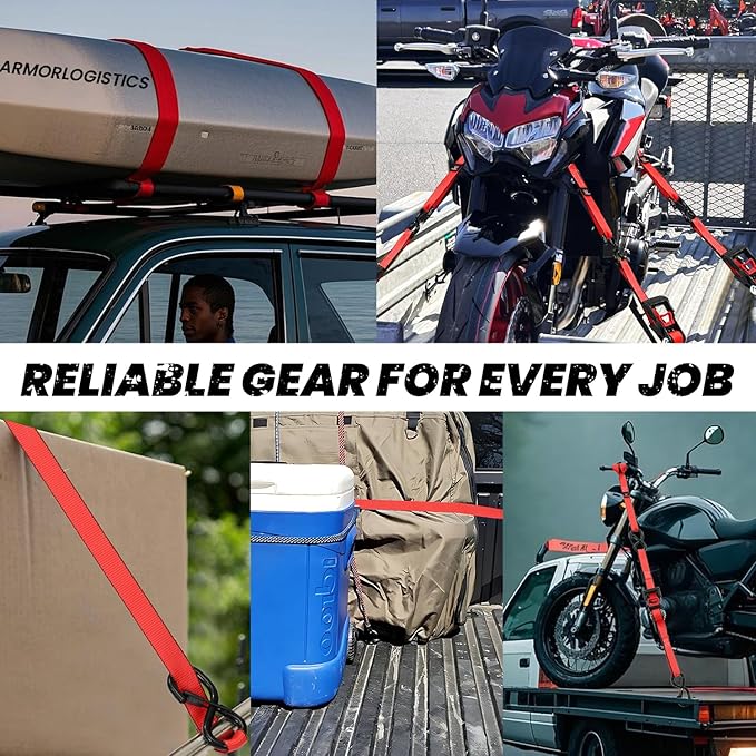 Ratchet Straps Heavy Duty (4 Pack) - 5,250 Break Strength Motorcycle Strap Tie Downs with 15ft Soft Loops -1.5in x 8ft Ratchet Tie Down Straps for Motorcycles, Truck, Cargo -Safety S Hook, Storage Bag