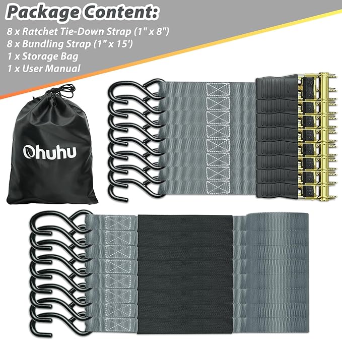 Ratchet Tie Down Strap 15 Ft - 500 lbs Load Cap with 1500 lbs Breaking Limit, Ohuhu Ratchet Tie Downs Logistic Cargo Straps for Moving Appliances, Motorcycle (Grey, 8-Pack)