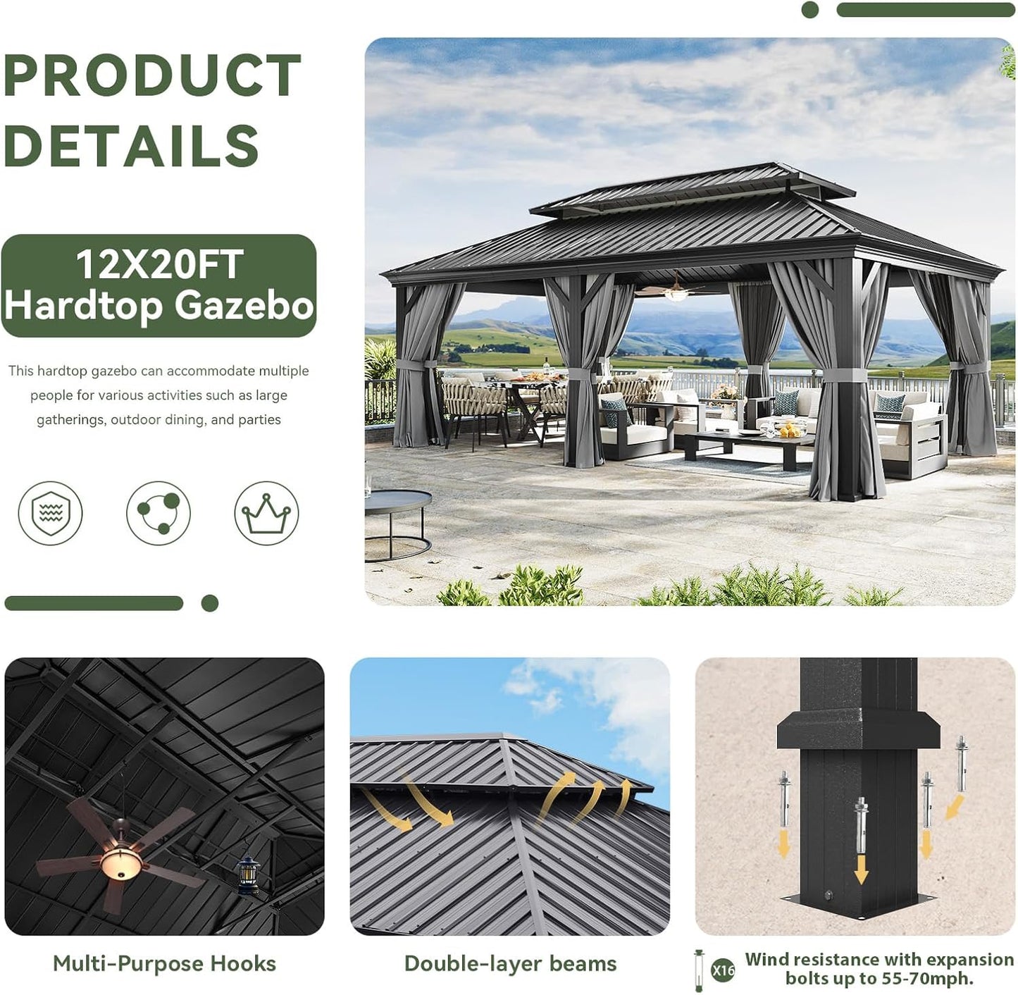 Aoxun 12' X 20' Hardtop Gazebo, Aluminum Outdoor Gazebo with Galvanized Steel Double Roof, Patio Permanent Metal Pavilion with Netting, for Garden, Deck, Grey, Square Foundation