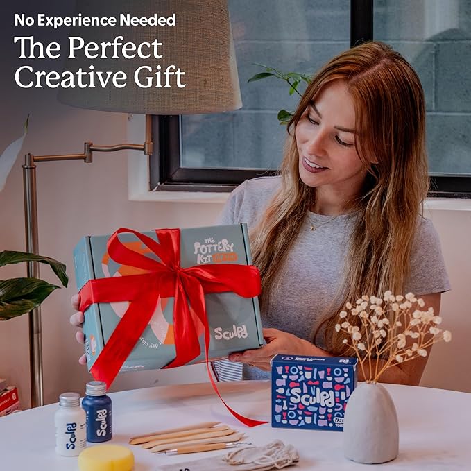 Sculpd - The Original Pottery Kit - Complete Air Dry Clay Kit for Adults Includes Sculpting Tools, Varnish, Paint Brushes, Guides, Arts & Crafts Sets, Gloss Varnish with Earth Tones