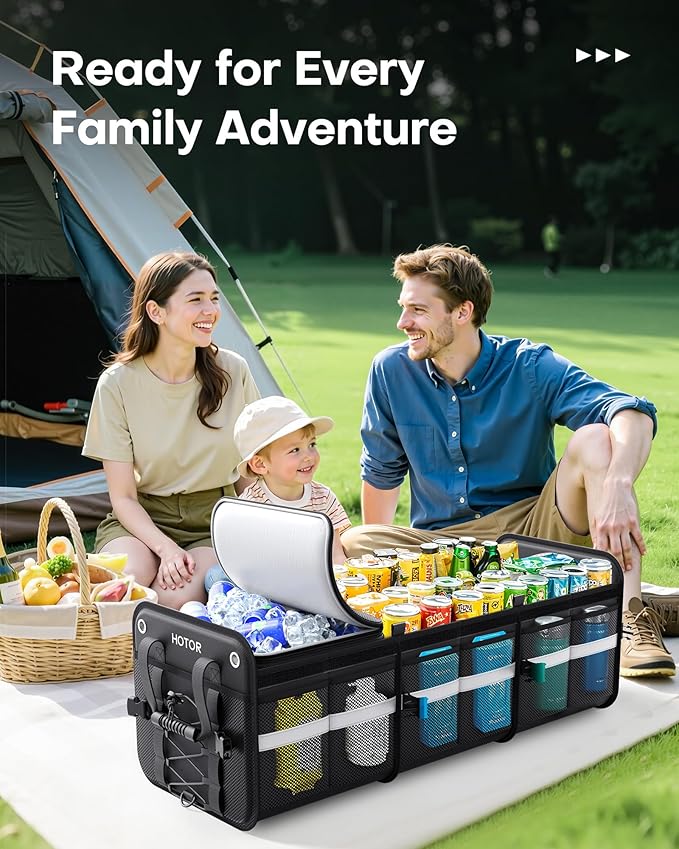 HOTOR Trunk Organizer - 3-Compartment Car Organizer and Storage with Cooler Bag, Foldable Car Storage Organizer for SUV with Handles & Strap for Shopping, Picnic, 33.1" x 13.0" x 11.8", Black