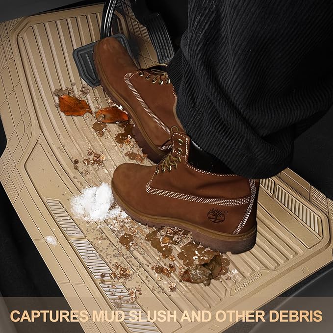 CAR PASS Heavy Duty Sporty Rubber Car Mats, Deep Dish All Weather Car Floor Mats Full Set, Waterproof Anti-Slip Automotive Matts Rugs Trim to Fit for Most Sedans SUVs, 4-Piece All Beige