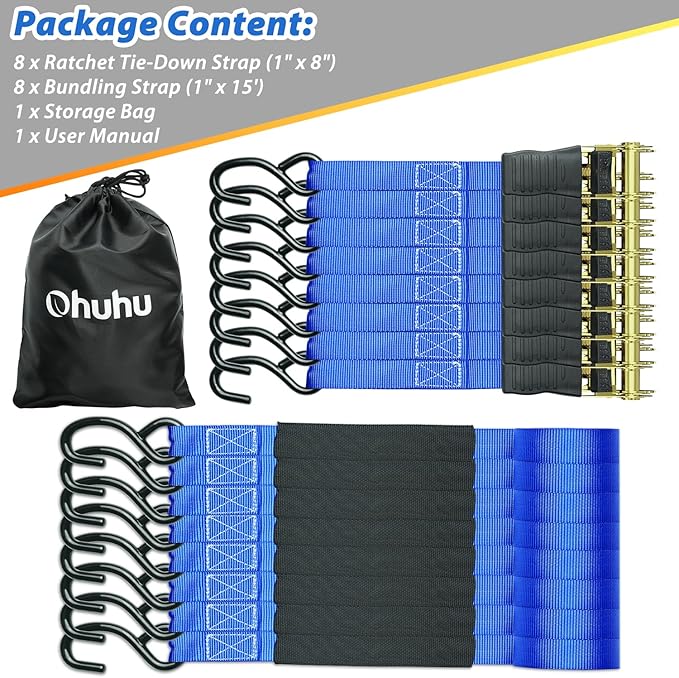 Ratchet Tie Down Strap 8-Pack 15 Ft - 500 lbs Load Cap with 1500 lbs Breaking Limit, Ohuhu Ratchet Tie Downs Logistic Cargo Straps for Moving Appliances Motorcycle Blue