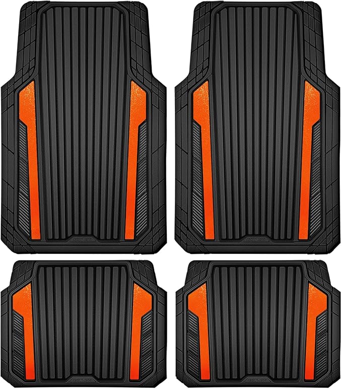 CAR PASS Heavy Duty Rubber Car Mats Metallic, Aluminum Film All Weather Floor Mats Waterproof Universal Trim to Fit SUVs Sedans Vans 4 Piece Anodized Deep Dish Two-Tone Sporty Black Orange Chrome