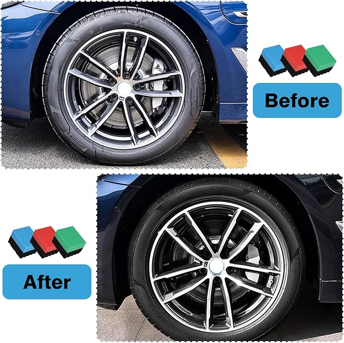 3 Pack Large Tire Dressing Applicator Pads, Wavy Contour Polish Sponge for Applying Shine, Wet, Gel, Or Balm (Red, Green, Blue)