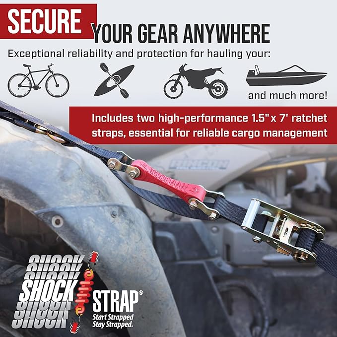 Ratchet Strap, 7’ x 1.5" Shock Absorbing Heavy Duty Tie Downs for Cargo, 1,000 LB WLL / 3,000 LB Break Strength, 2-Pack