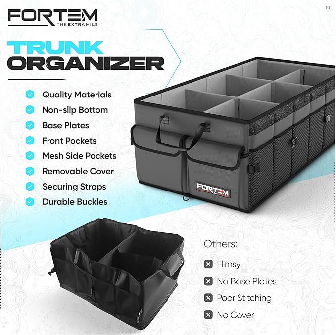 FORTEM Trunk Organizer For SUV Car Trunk Organizer, Foldable Storage, Car Accessories for Women Men, Collapsible Multi Compartment, 600D Oxford, Non Slip Bottom, Securing Straps, Soft Cover (85L)