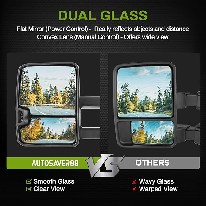 AUTOSAVER88 Towing Mirror Compatible with 2014-2018 Silverado Sierra 1500, 2015-2019 Silverado Sierra 2500 HD 3500 HD, Power Heated Switchback LED Turn Signal (Chrome inside) Manual Telescoping Black
