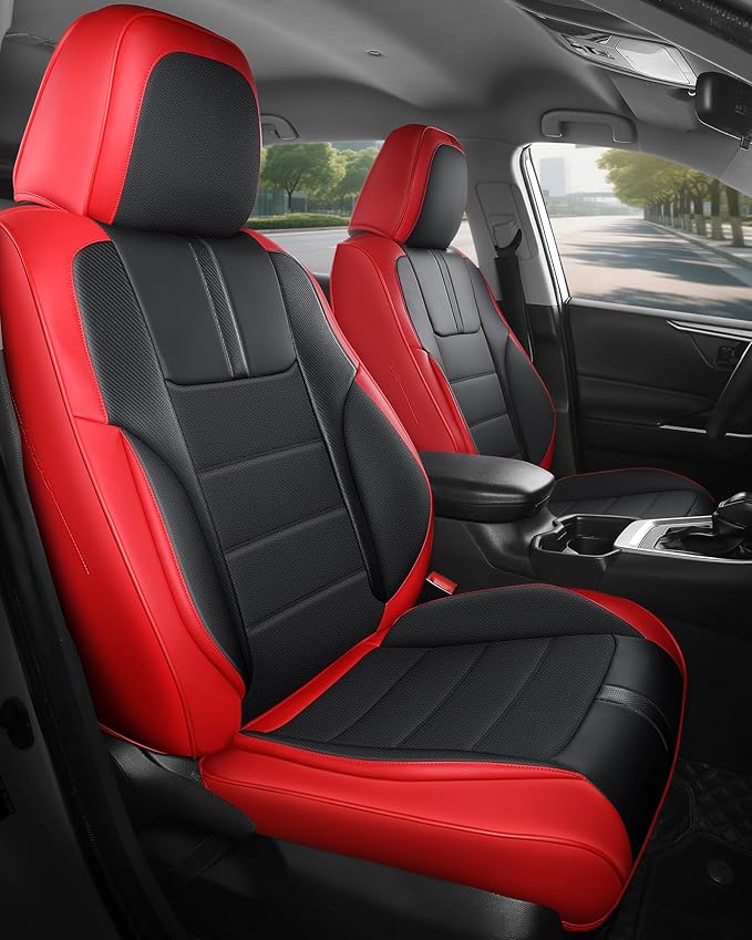 FREESOO Red Black Front Car Seat Covers - Faux Nappa Leather Seat Covers for Cars, with Carbon Fiber Texture Seatbelt Pads, Interior Protectors Universal Fit for Most Vehicles Sedans SUV Trucks Camry