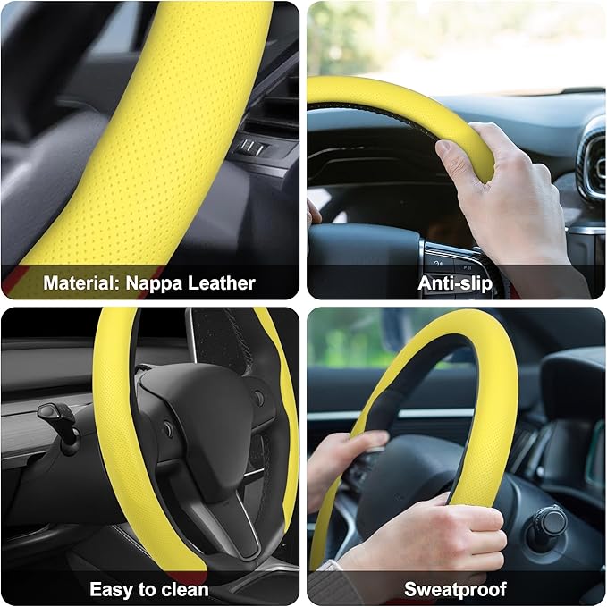frani Leather Steering Wheel Cover, Universal 15 Inch Premium Non-Slip Steering Wheel Cover Yellow