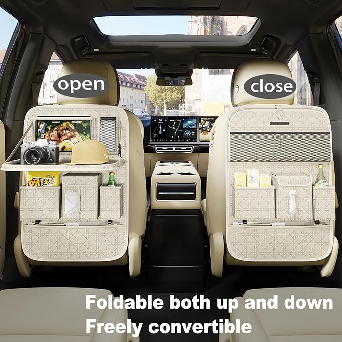 GMQ Backseat Car Organizer, Car Back Seat Organizers with Tray,Multifunctional Car Seat Back Organizer with Foldable Tablet Holder (Beige, 2 PCS)