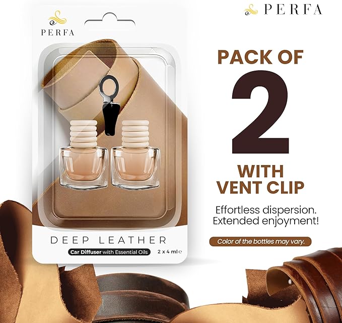 Deep Leather Car Air Freshener for Men | Pack of 2 Long Lasting Automotive Air Freshener | Odor Eliminator Car Perfume with Essential Oils | Car Air Freshener Vent Clip by Perfa
