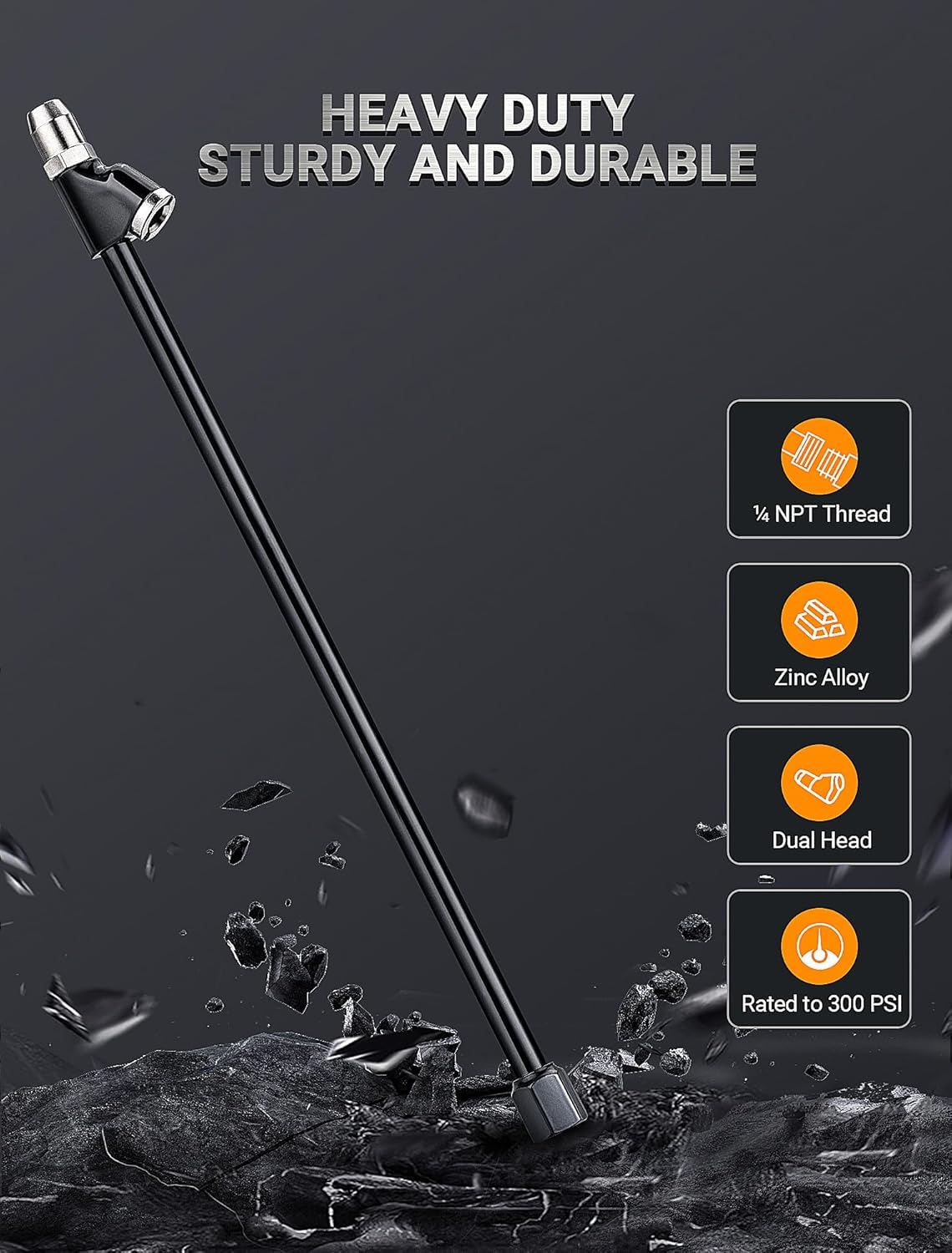 13'' Dual Head Air Chuck Set, Heavy Duty Extended Reach Tire Chuck w/Quick Plug for Semi Tire Inflation, 1/4" FNPT Straight Lock On Tire Inflate Chuck for Air Compressor Semi Truck RV Dually Tires