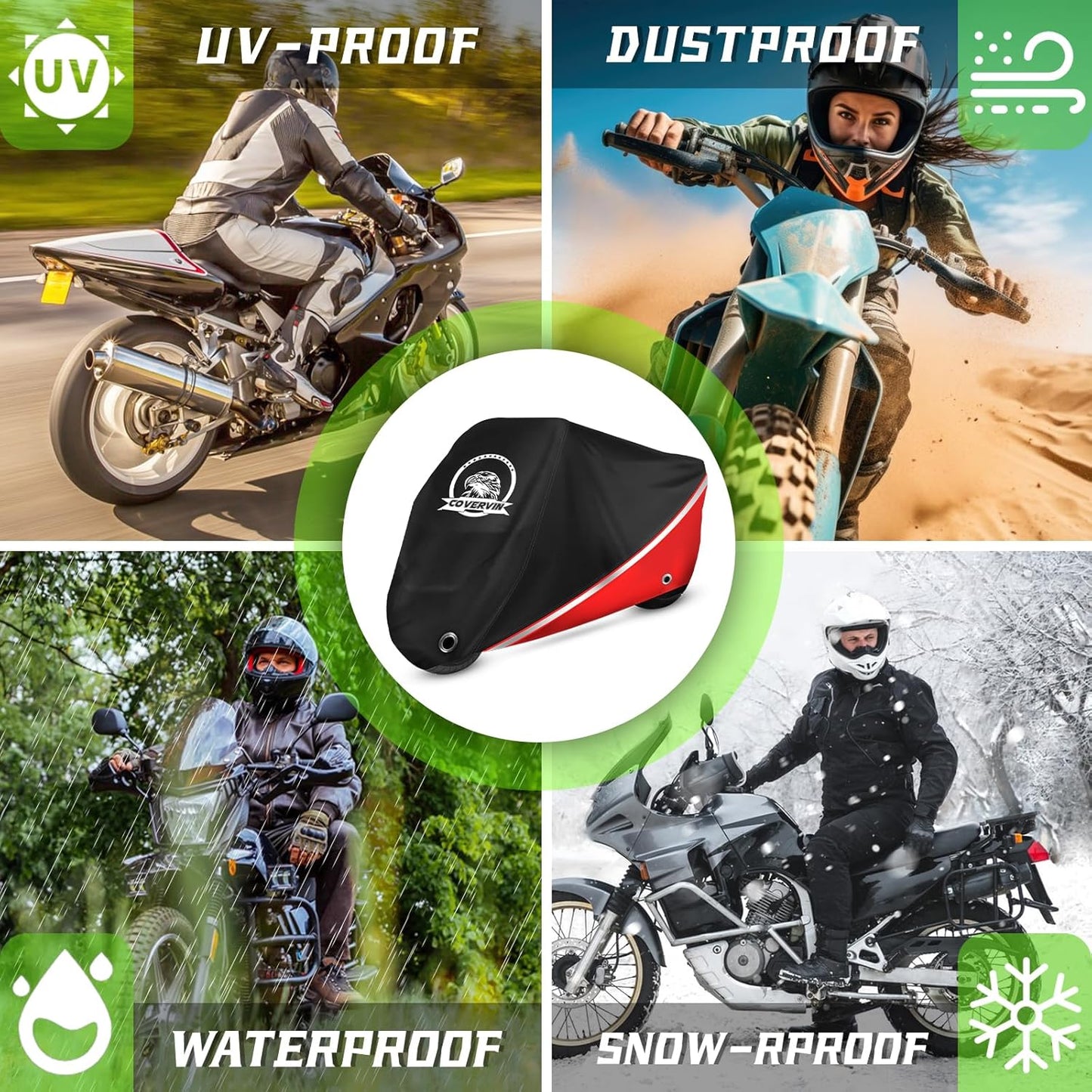 COVERVIN Motorcycle Cover, All Weather Outdoor Waterproof Night Protection with Reflective Strips, Locking Holes and Storage Bag for 116 Inch Suzuki, Kawasaki, Honda, Harley-Davidson(Red XXXL)