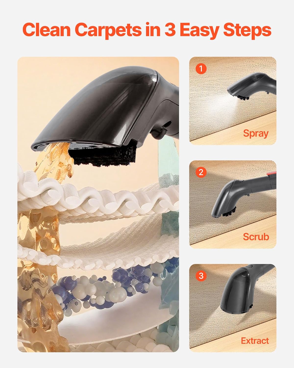 VEVOR Carpet Cleaner Machine, 50.72 oz Clean Water Tank & 27.05 oz Dirty Water Tank, Portable Upholstery Shampooer, 11.5Kpa Handheld Furniture Extractor, Spot and Stain Deep Cleaner for Rug Couch Car