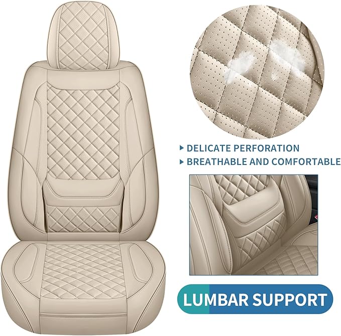 Leather Seat Covers for Cars Breathable Front Seat Covers Waterproof Seat Protectors Universal Fit for Most Automotive Cars SUV Trucks Van (Beige, Front Pair)