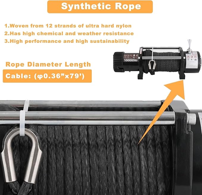 12V 10000LBS Electric Winch Synthetic Rope Electric Winch for Towing ATV/UTV Off Road with Mounting Bracket Wireless Remote,Black