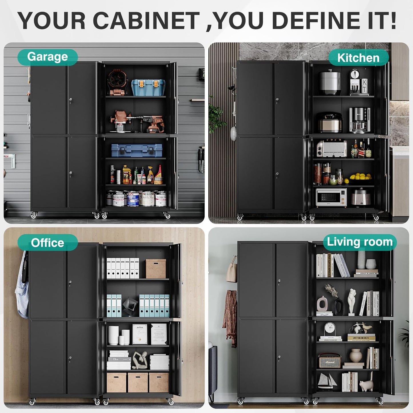 SISESOL Metal Storage Cabinet with Wheels,73" Rolling Garage Storage Cabinet with Lock,Black Metal Cabinets with Shelves and 4 Doors,Tall Tool Cabinets on Wheels for Garage,Home,Office,Shop