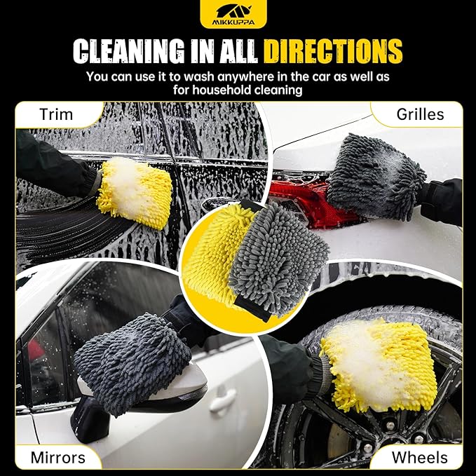 MIKKUPPA Car Wash Mitt Microfiber - Double-Sided Chenille Scratch Free Mitt with Waterproof Inner for Car Washing Home Cleaning (Yellow & Gray, 2Pack, 10'' x 7'')