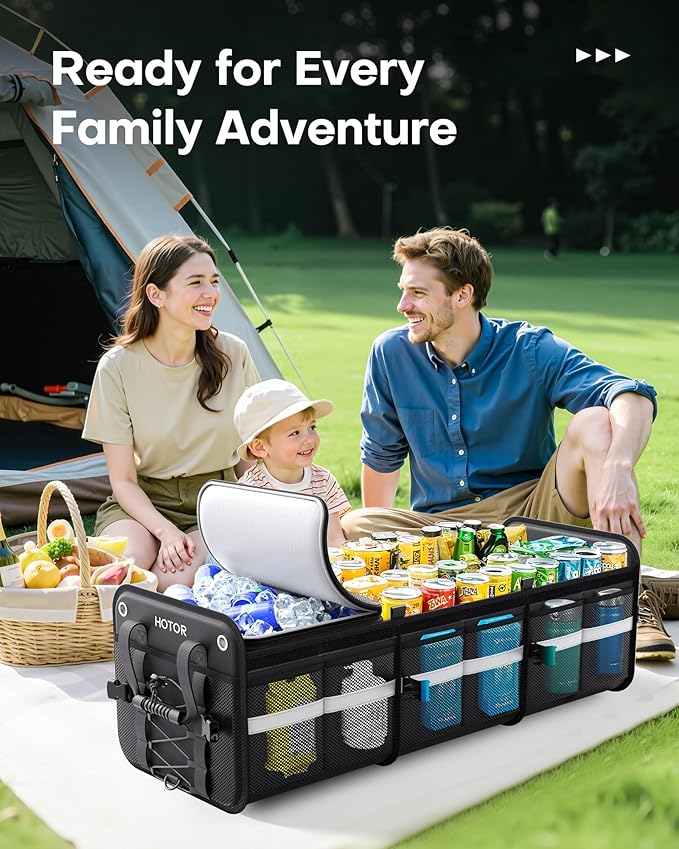 HOTOR Trunk Organizer - 3-Compartment Car Organizer and Storage with Cooler Bag, Foldable Car Storage Organizer for SUV with Handles & Strap for Shopping, Picnic, 37.0" x 14.6" x 12.0", Black