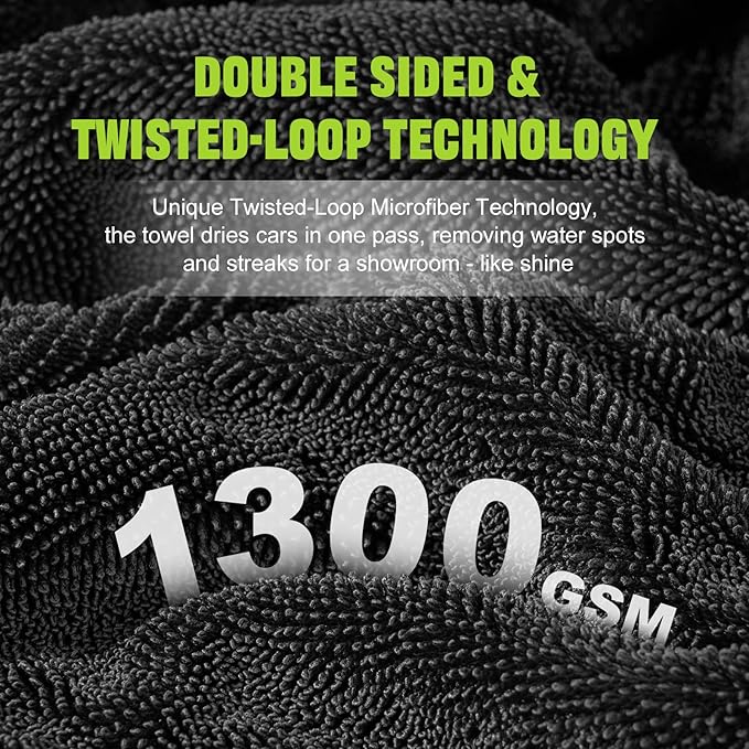 2 Pack 1300 GSM Car Drying Towel, Microfiber Towels for Cars - 36" x 24" & 16" x 16", Ultra-Absorbent, Streak Free, Premium Double Twisted-Loop Microfiber Cleaning Cloth with Car Wash Mitt