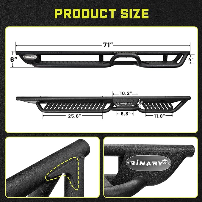 BINARY STAR Running Boards Compatible with Vehicle 2018-2026 Jeep Wrangler JL 4 Doors, 6 Inch Two-Stair Side Steps Truck Nerf Bars, Wrangler JL Carbon Steel Side Steps Truck Step Bars Estribos para