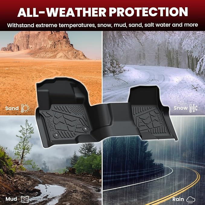 LASFIT Floor Mats for Ford F250 F350 F450 2017-2026 Crew Cab Front Bench Seat | Rear W/Fold-Flat Storage Carpet Floor Super Duty All Weather Protector TPE Car Floor Liner, 1st & 2nd Row, 2pcs Black