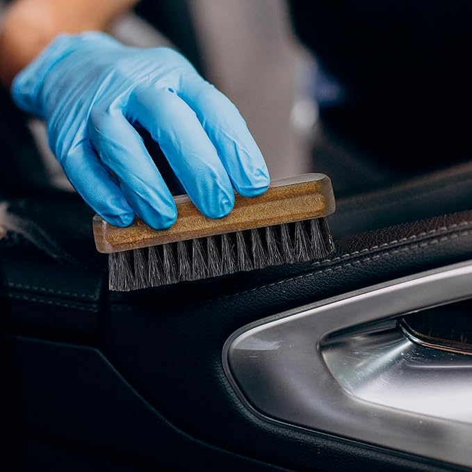TAKAVU Leather & Upholstery Cleaning Brush Set, 100% Black Boar Bristle, to Clean Car Seats & Leather Sofas, for Alcantara, Interiors, Furniture, Boots, Shoes, Bags and More