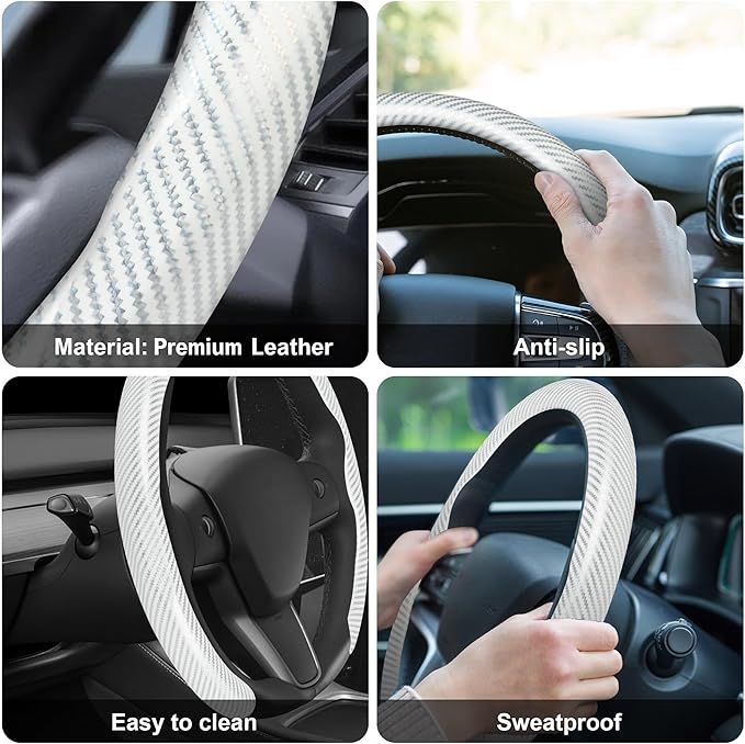 frani Leather Steering Wheel Cover, Universal 15 Inch Premium Non-Slip Steering Wheel Cover White Carbon Fiber Texture