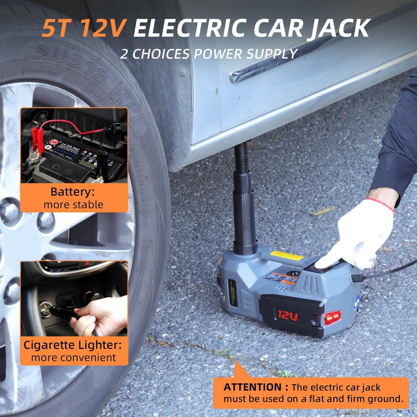 STANDTALL Electric Car Jack Kit 5T 12V Electric Floor Jack Lift for Vehicle, Electric Hydraulic Jack Auto Repair Tool Set with Built-in Inflator and Impact Wrench