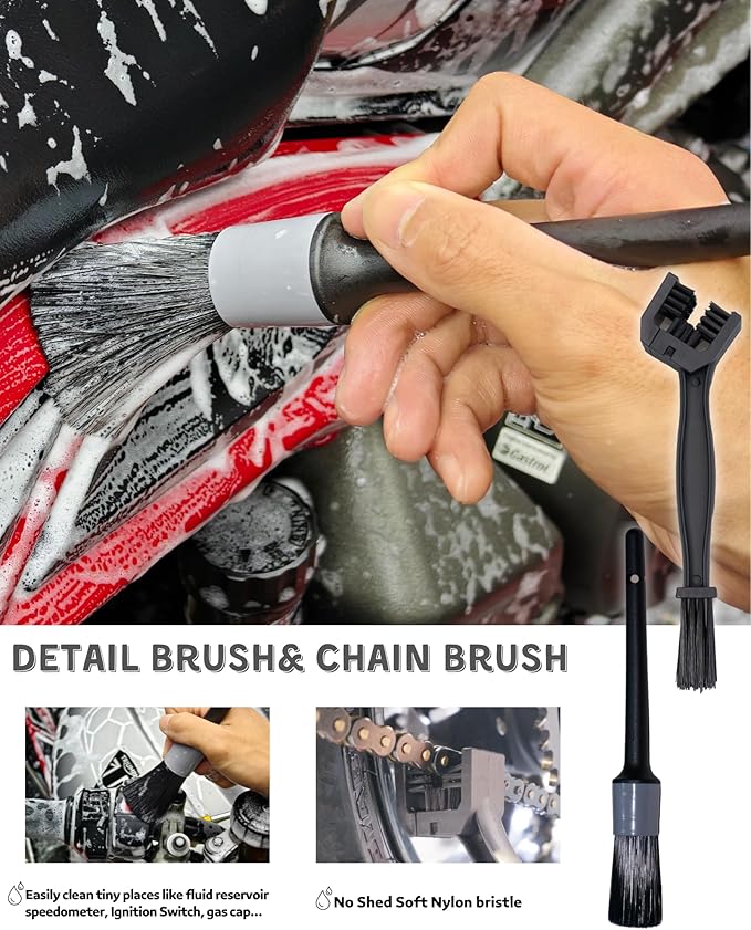 8 Pack Motorcycle Cleaning Kit - Professional Safe for Chrome/Engine/Tires, Hard Reach Brush, Microfiber Mitt, Detailing Tools, Drying Towel & Wax Applicators