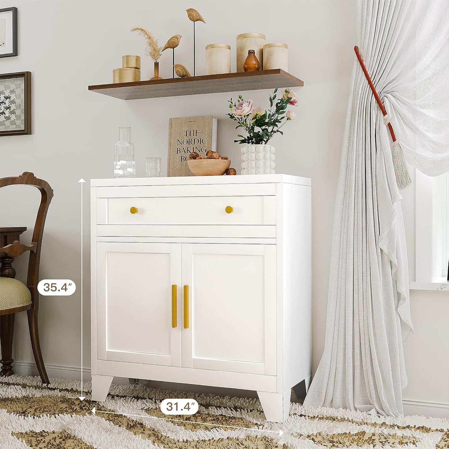 Metal Sideboard Cabinet with Big Drawers,Farmhouse Coffee Bar with One Adjustable Shelves,Buffet Cabinet,Metal Storage Cabient for Kitchen, Dining Room, Entryway, White